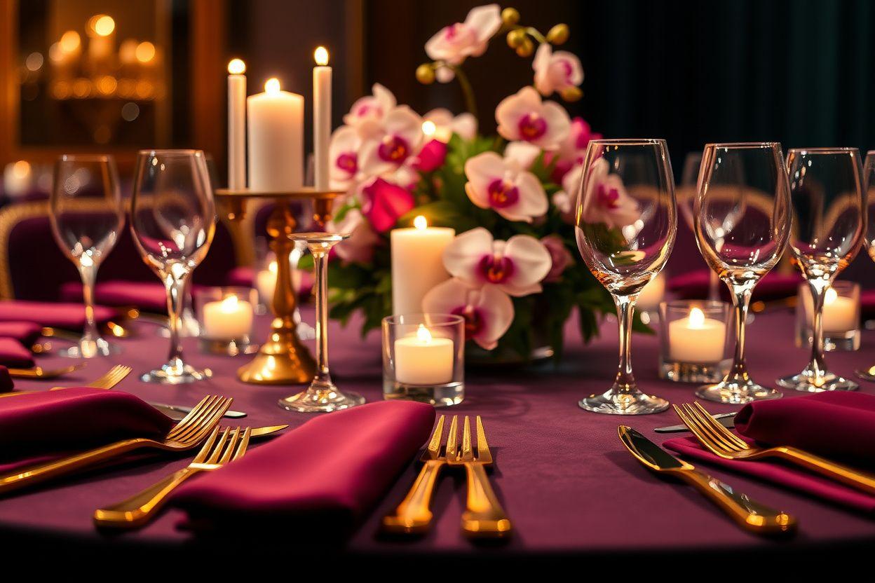Elegant gala dinner table setting with gold cutlery and orchids