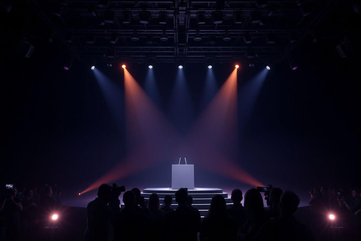 Product reveal moment under spotlights at a launch event